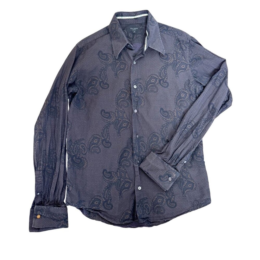 Ted Baker Mens Paisley Long-Sleeve Button-Up Shirt Size 3 Dark Gray 100% Cotton